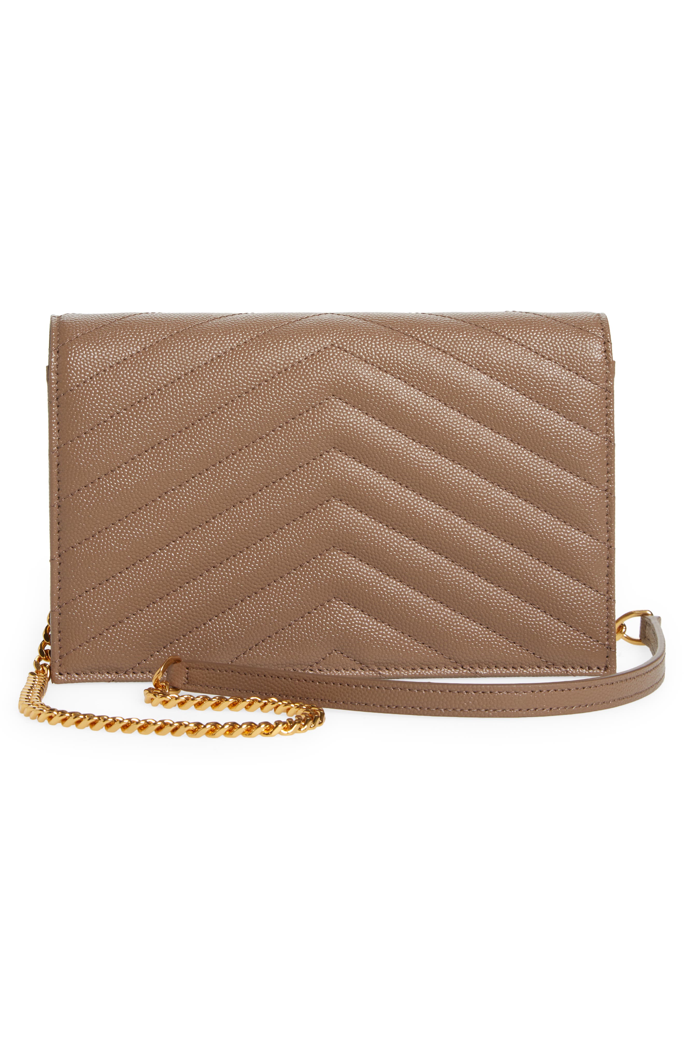 Cassandre Matelassé Leather Envelope Wallet on a Chain, Alternate, color, TAUPE