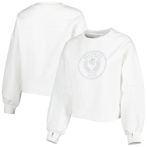 Women's Lusso White Brooklyn Nets Lola Ball and Chain Pullover Sweatshirt