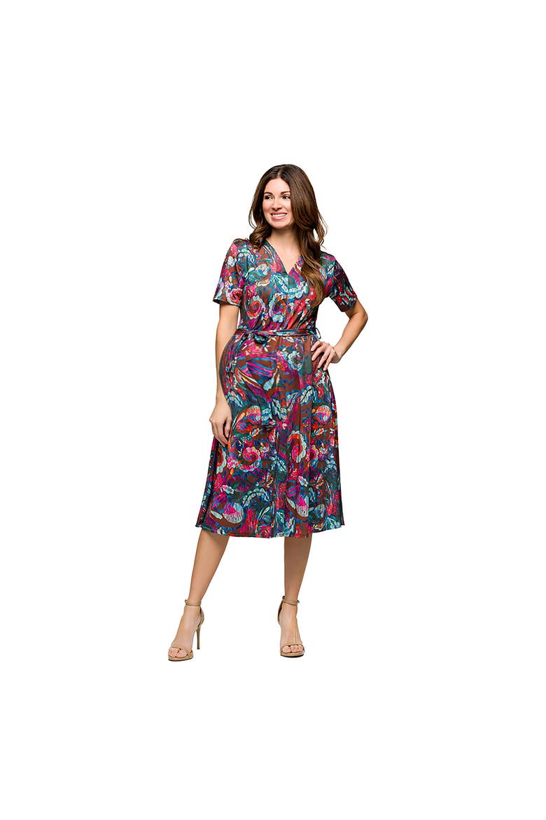 Maternity Brown and Pink Print Short Sleeve Tie Waist Midi Dress, Main, color, Brown Multi