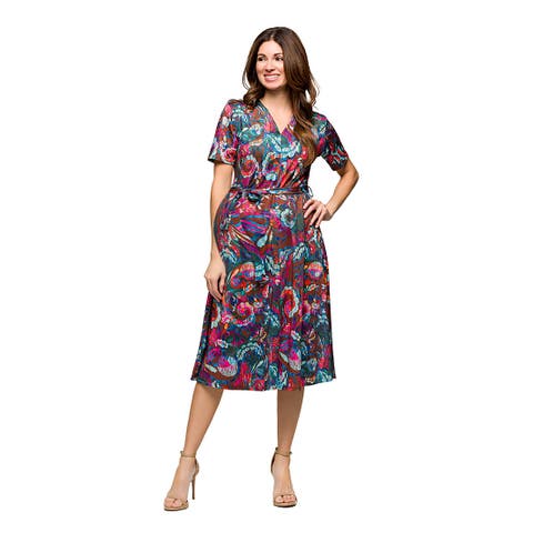 Maternity Brown and Pink Print Short Sleeve Tie Waist Midi Dress