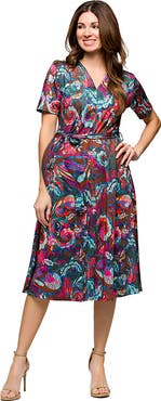 24seven Comfort Apparel Maternity Brown and Pink Print Short Sleeve Tie Waist Midi Dress
