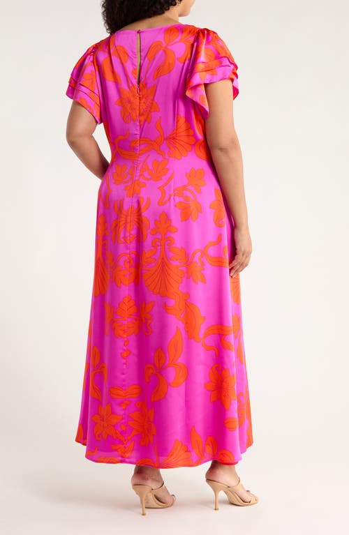 Sugarlips Vallie Floral Flutter Sleeve Satin Maxi Dress In Pink