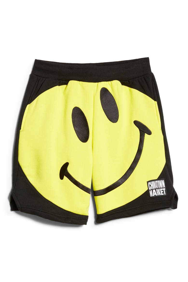 Men's Big Smiley Sweat Shorts, Alternate, color, BLACK