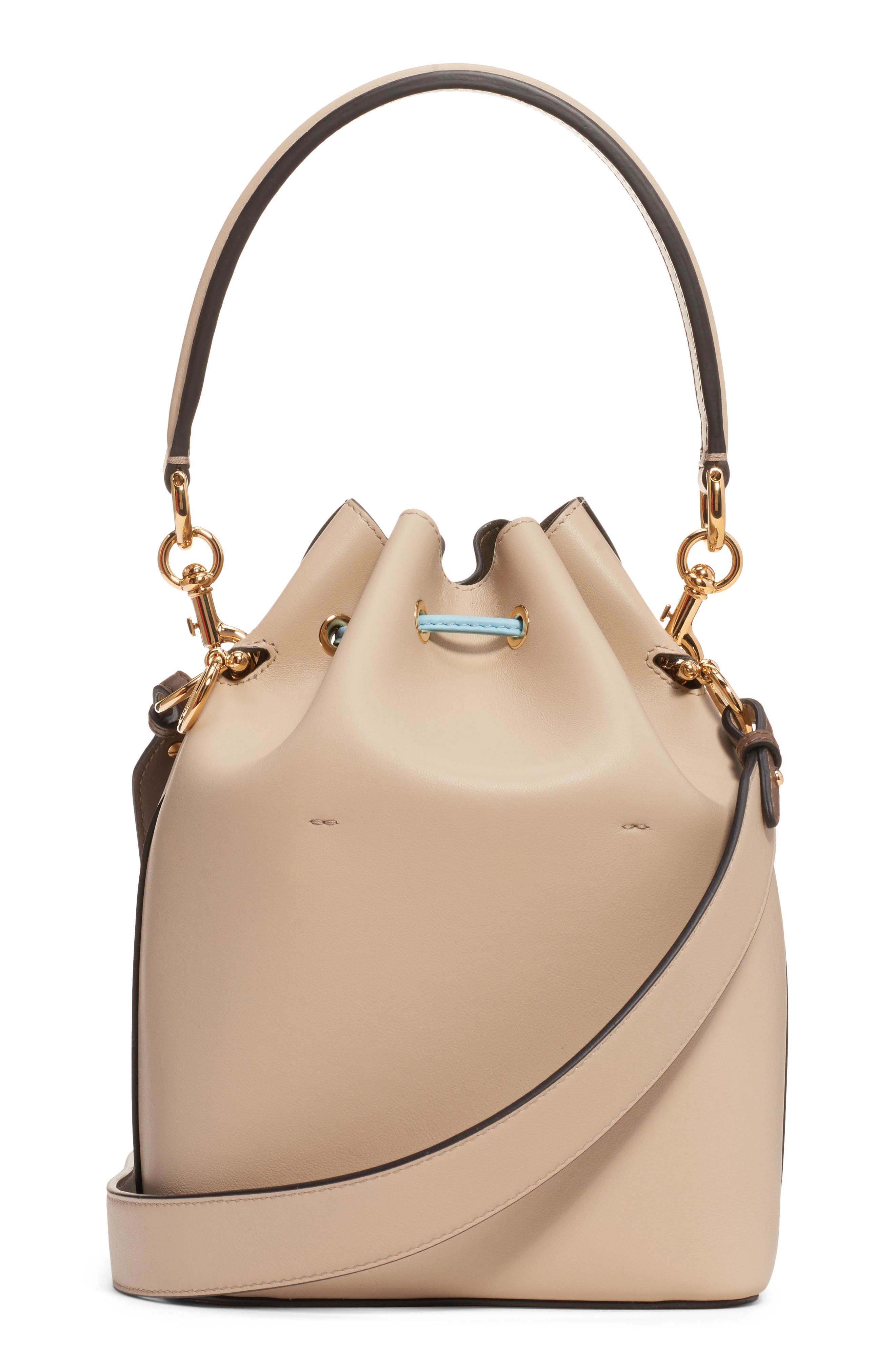 Mon Tresor Perforated Logo Leather Bucket Bag, Alternate, color, CLOUD/ SOFT GOLD