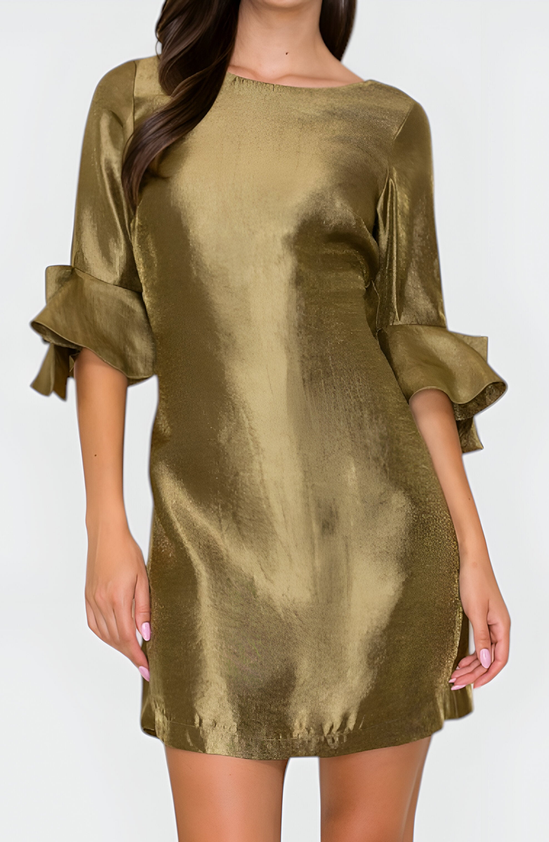Modenaire Satin Shift Dress with Ruffle Three-Quarter Sleeves, Alternate, color, 