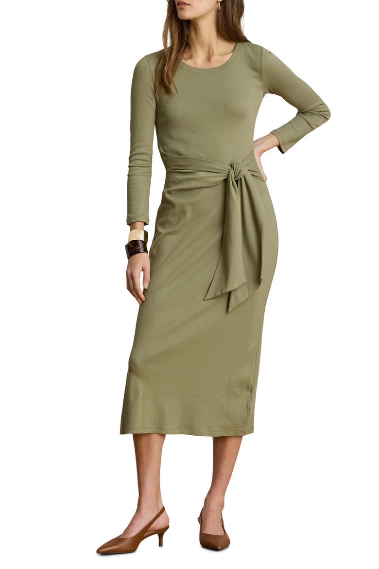 Long Sleeve Tie Waist Midi Dress, Main, color, LIGHT AGAVE GREEN