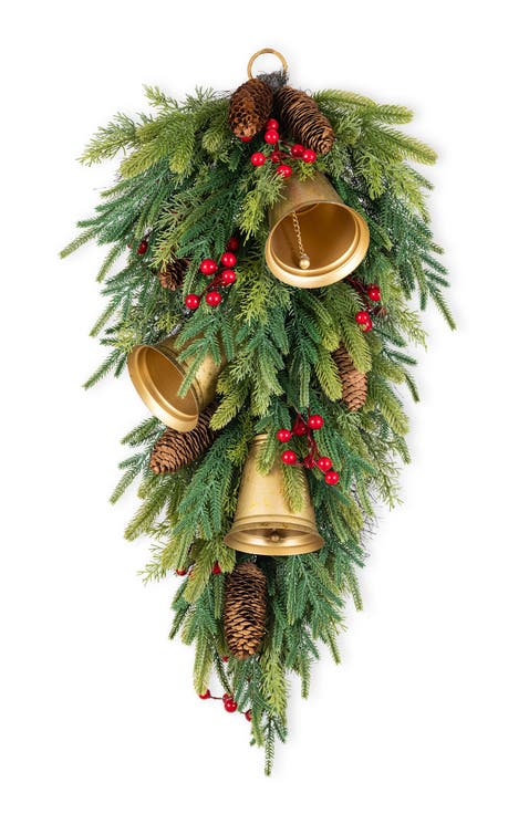 Berry Pinecone and Bell Christmas Teardrop Wreath