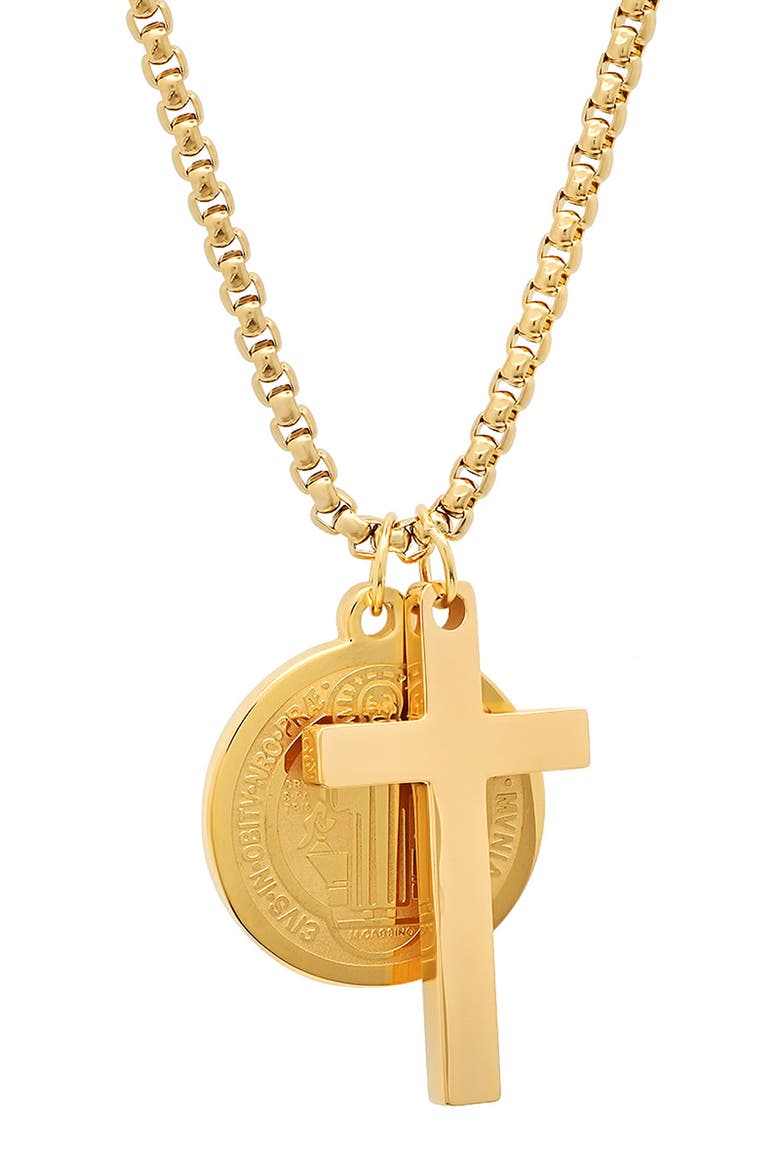 Men's 18K Gold Plated Stainless Steel Cross & Saint Pendant Necklace, Main, color, GOLD
