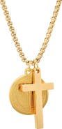 HMY JEWELRY Men's 18K Gold Plated Stainless Steel Cross & Saint Pendant Necklace