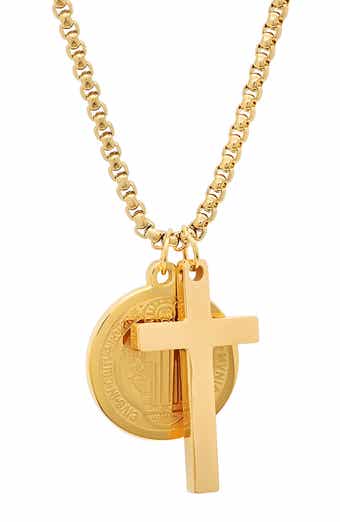 HMY JEWELRY Men's 18K Gold Plated Stainless Steel Cross & Saint Pendant Necklace