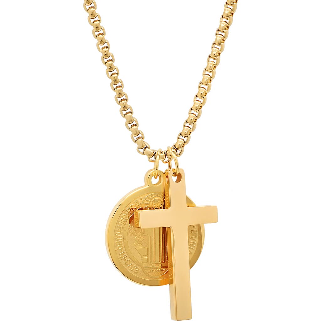 Hmy Jewelry 18k Gold Plated Stainless Steel Cross & Saint Pendant Necklace In Gold
