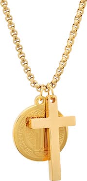 HMY JEWELRY Men's 18K Gold Plated Stainless Steel Cross & Saint Pendant Necklace