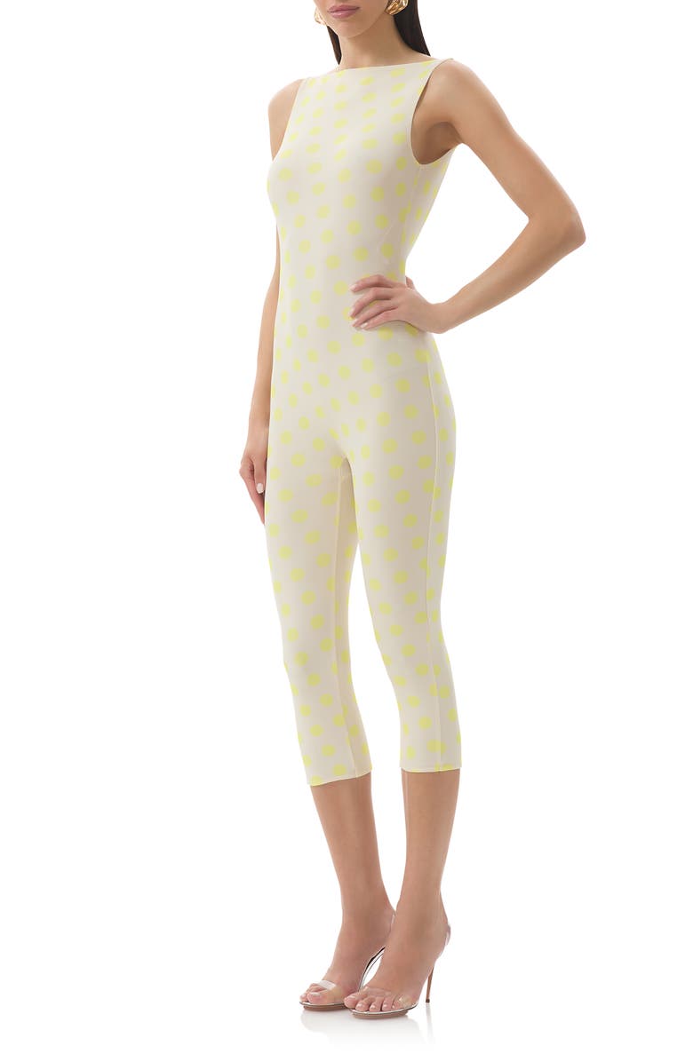 AFRM Tahlia Yellow Polka Dot Mesh Capri Romper, Alternate, color, Sun Dot