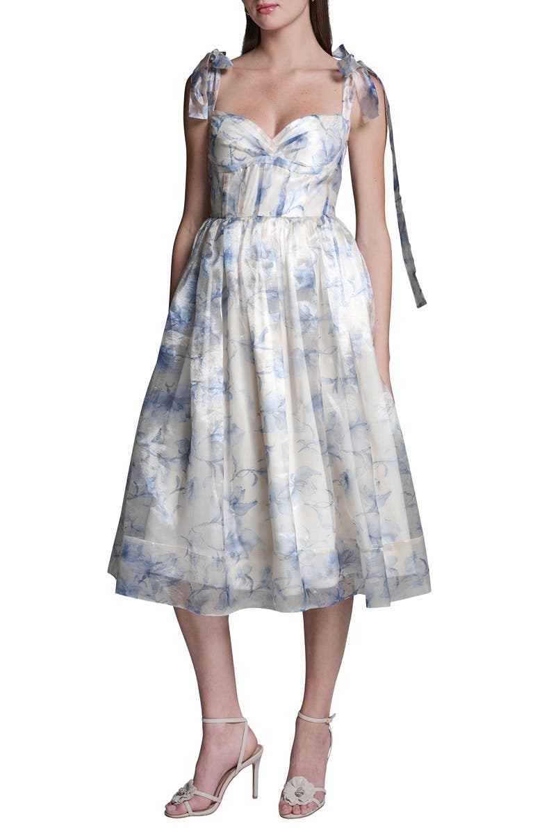 BCBG Floral Organza Midi Cocktail Dress, Main, color, French Sky Multi