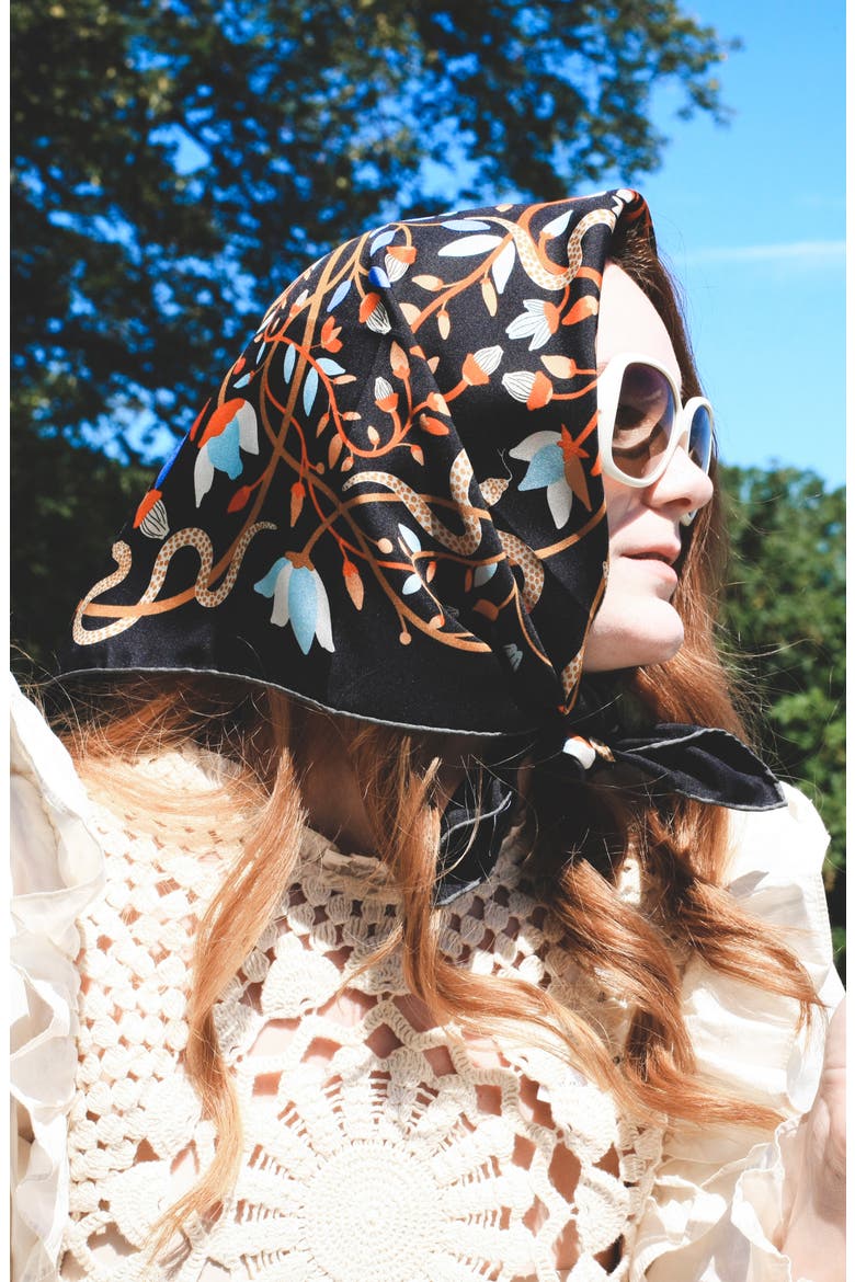 Double Sided Silk Scarf Of Night's Enchanted Garden, Alternate, color, Black