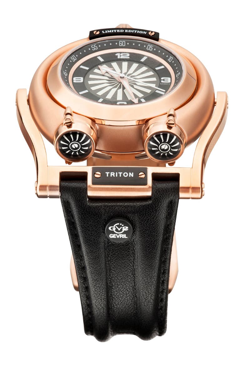 Men's Triton Leather Strap Watch, 49mm, Alternate, color, BLACK