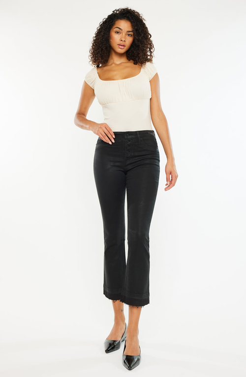 Kancan Rosé High Rise Faux Leather Kick Flare Pants In Black