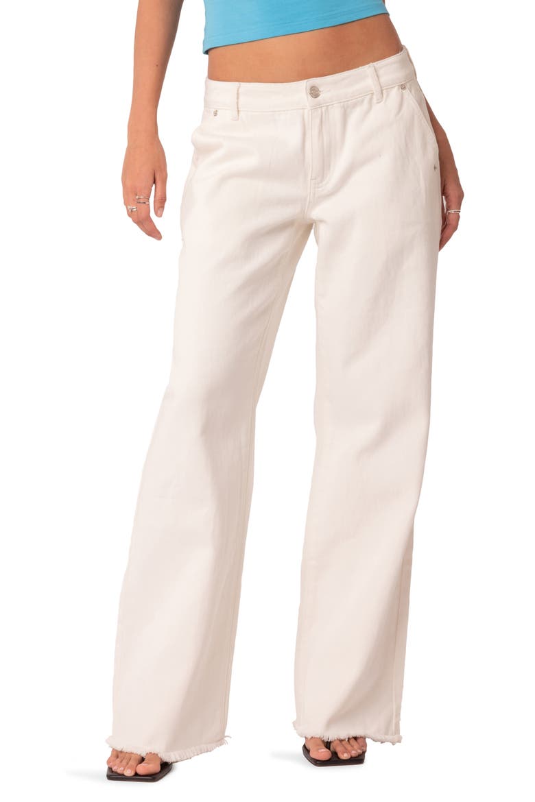 Dahlia Low Rise Fray Hem Straight Leg Jeans, Main, color, WHITE