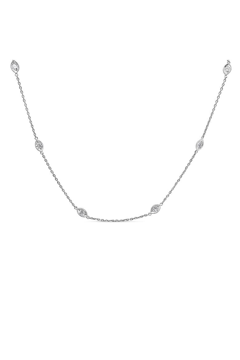 14K White Gold 1.00 Cttw Bezel Diamond Marquise Milgrain Station Collar Necklace, Main, color, White