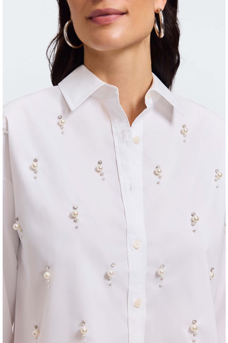 Marina Faux Pearl Embellished Button-Up Shirt, Alternate, color, WHITE