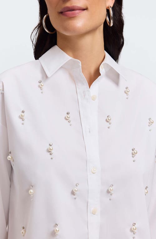 Foxcroft Marina Faux Pearl Embellished Button-up Shirt In White