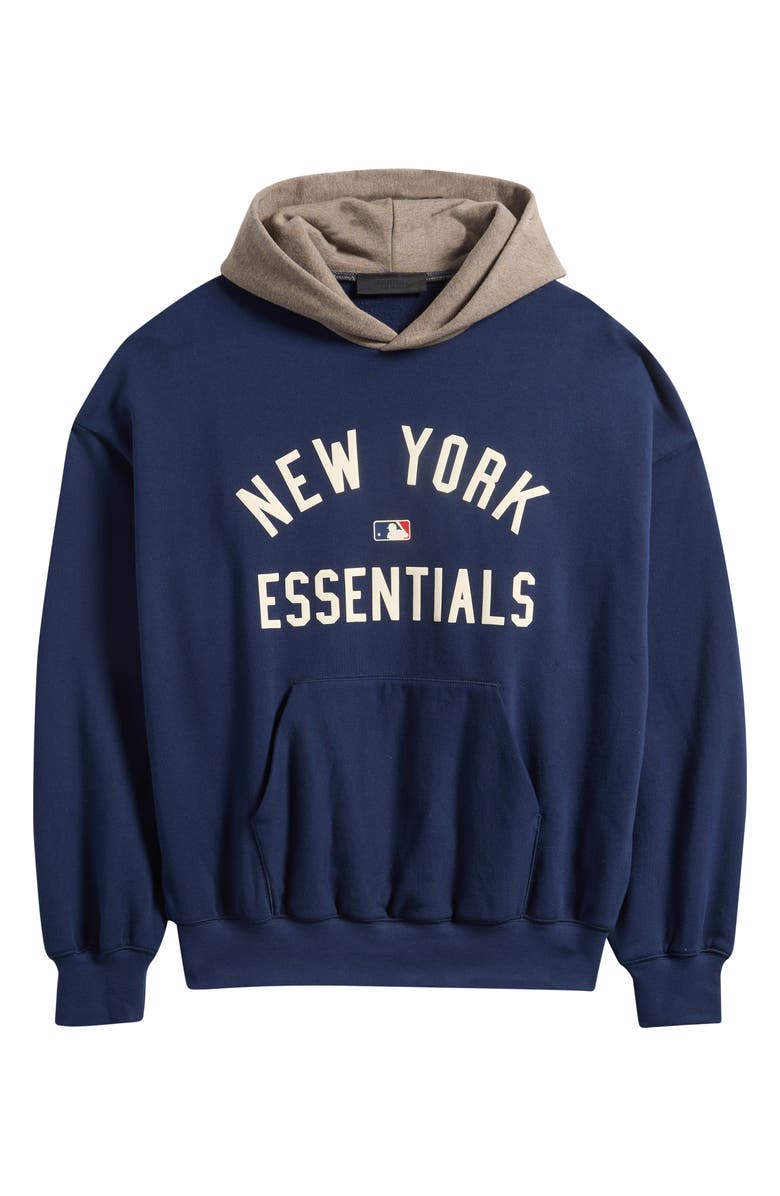 Fear of God Essentials x MLB Yankees Sport Fit Graphic Hoodie, Alternate, color, Navy/ Warm Heather