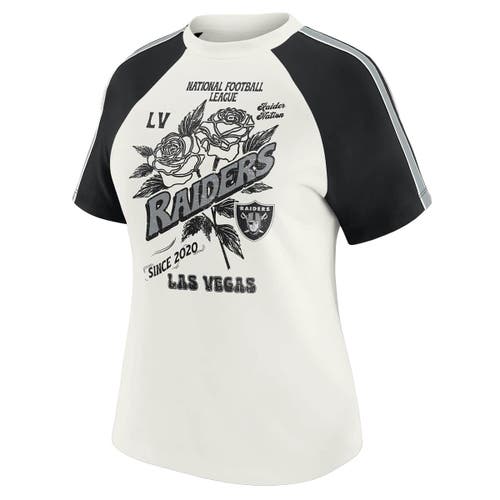 Wear By Erin Andrews White Las Vegas Raiders Sleeve Stripe Distressed Raglan T-shirt In White