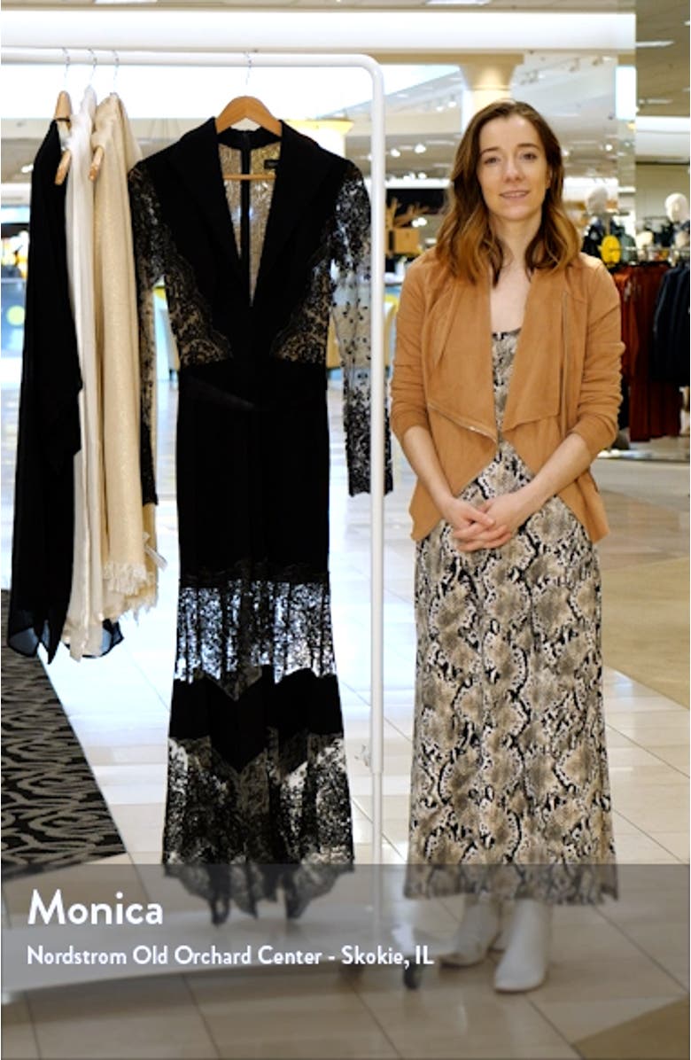 Lace Detail Plunge Neck Long Sleeve Crepe Gown, sales video thumbnail