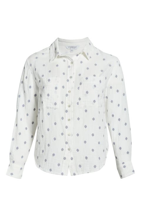Embroidered Cotton Button-Up Shirt (Plus)