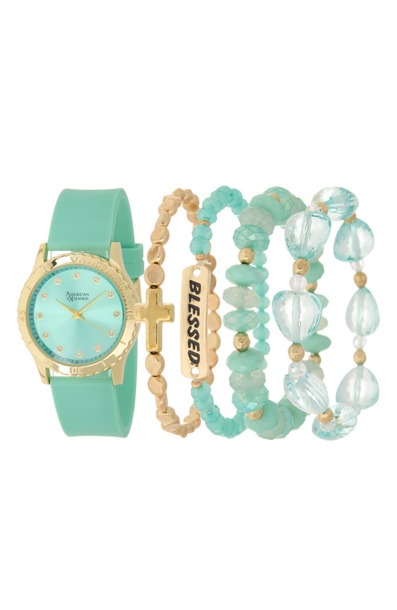 AMERICAN EXCHANGE Silicone Strap Watch & Bracelets Set, 38mm, Main, color, 