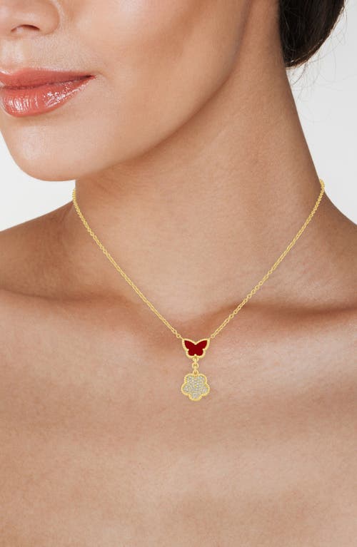 Cz By Kenneth Jay Lane Faux Coral Butterfly & Cz Pavé Clover Drop Pendant Necklace In Gold