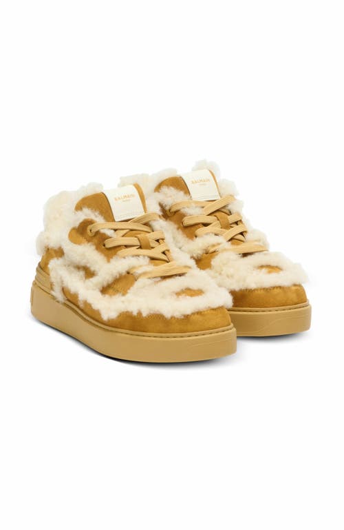 Balmain Shearling-trimmed Suede Sneakers In Brown