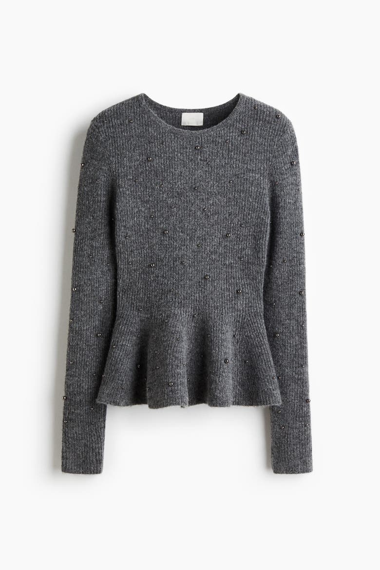 Bead-embellished Peplum Top, Alternate, color, Gray melange