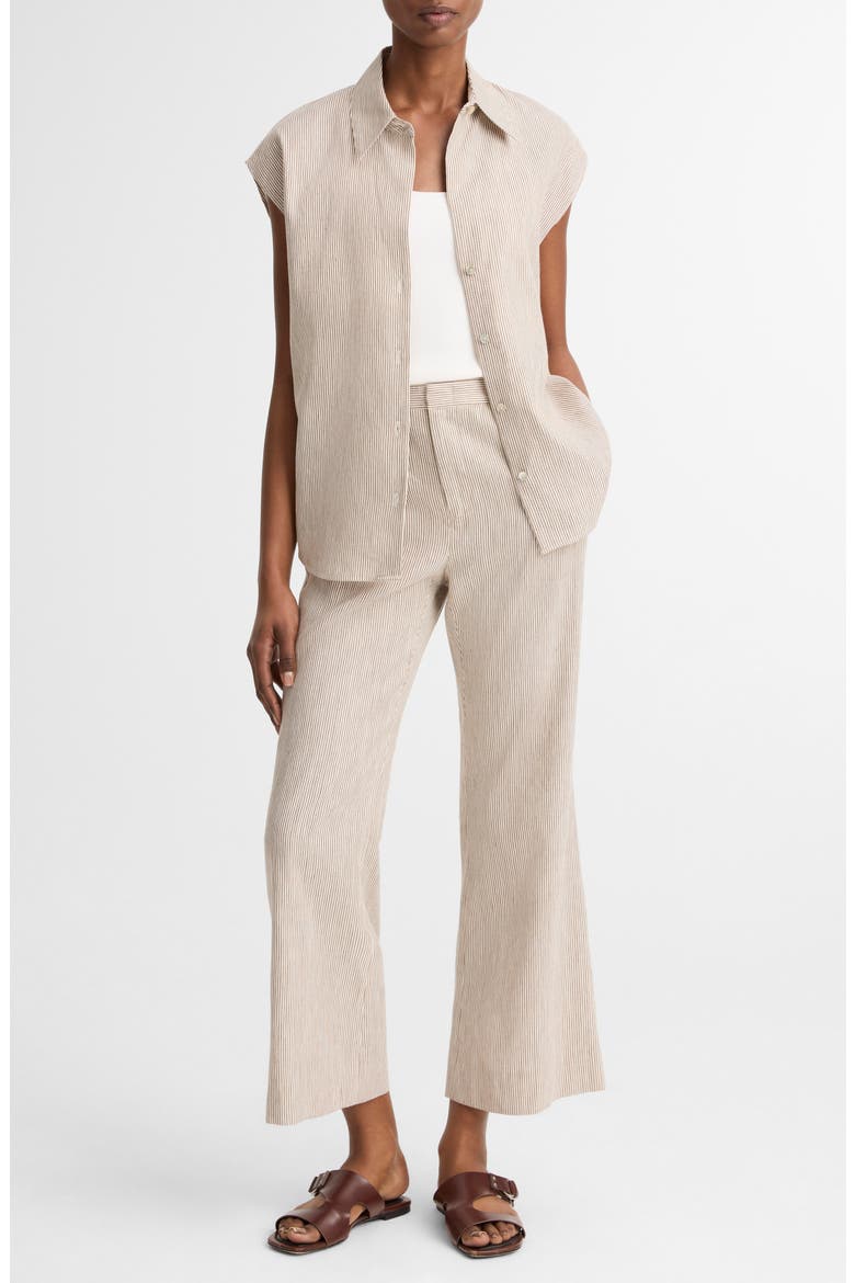 Ticking Stripe Crop Flare Linen & Cotton Pants, Alternate, color, TAUPE WOOD