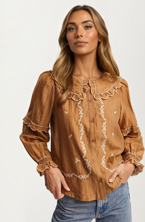 Ruffled Collar Embroidered Long Sleeve Blouse