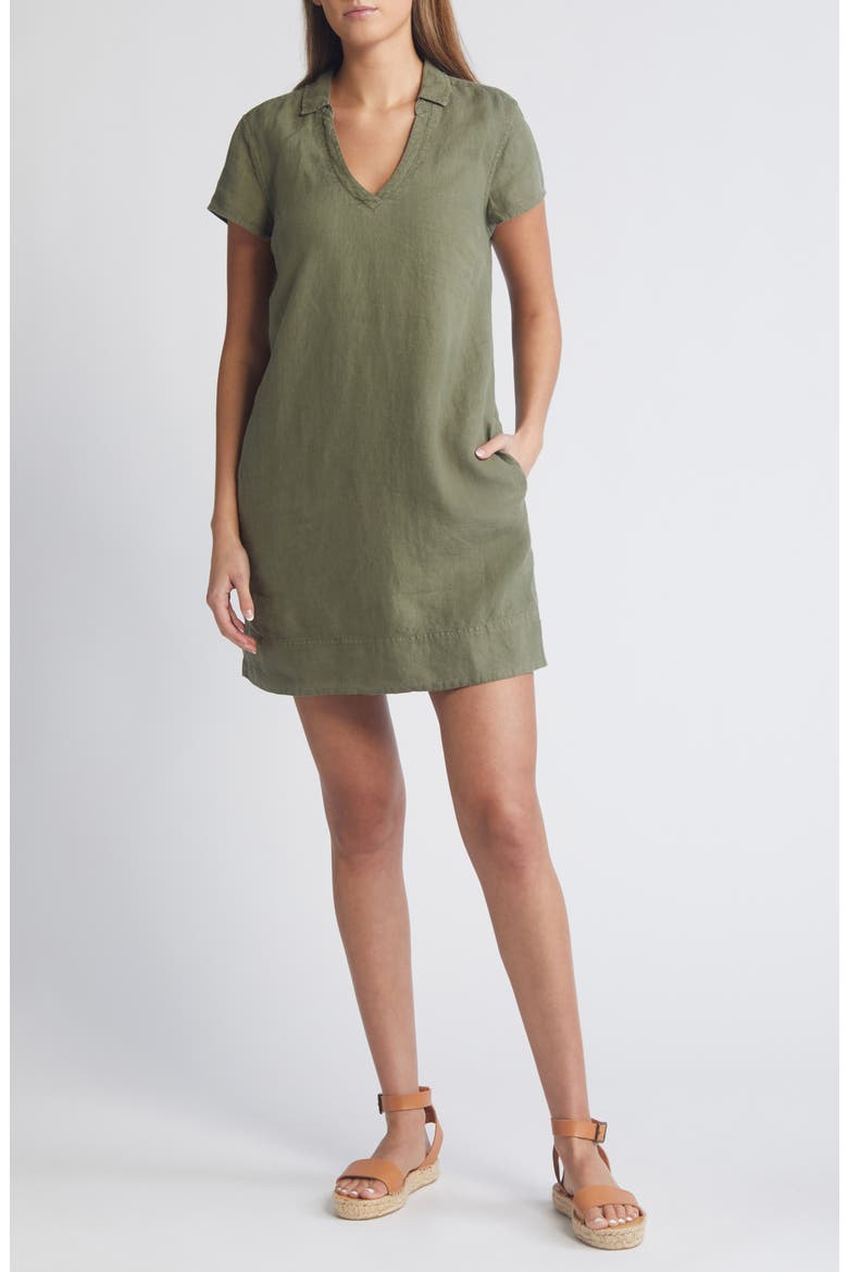 Two Palms Short Sleeve Linen Dress, Main, color, TEA LEAF