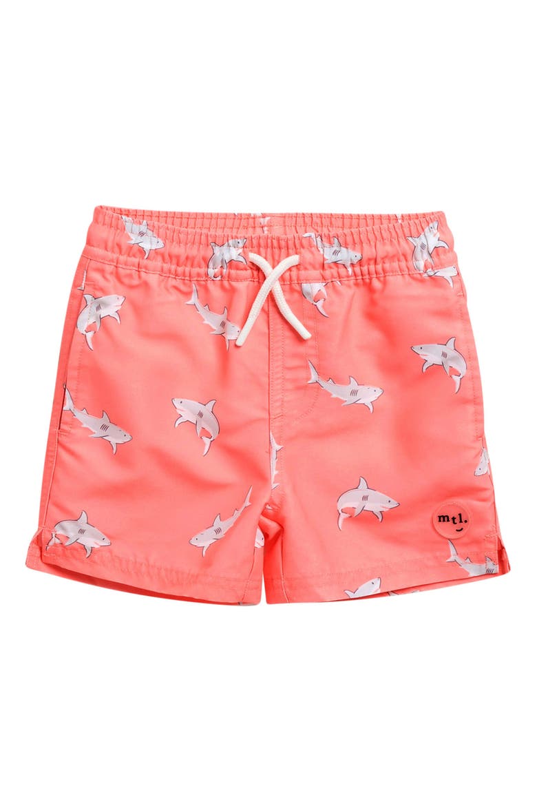 Monstera Leaf Print Swim Trunks, Main, color, CORAL