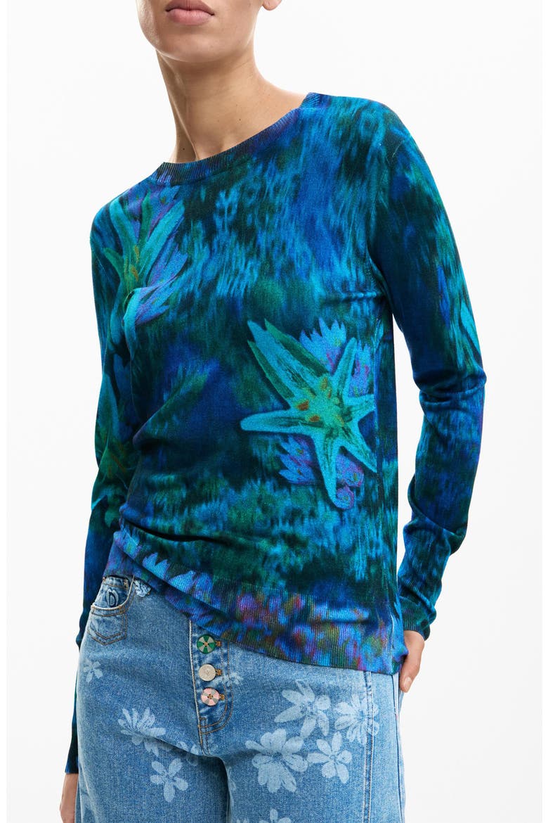 Floral Fine Gauge Crewneck Sweater, Alternate, color, BLUE/GREEN