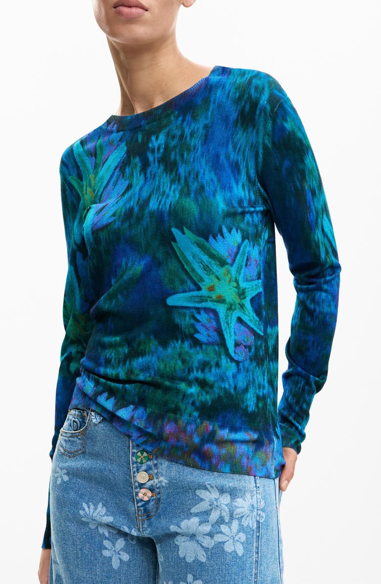 Desigual Floral Fine Gauge Crewneck Sweater, Alternate, color, Blue/Green