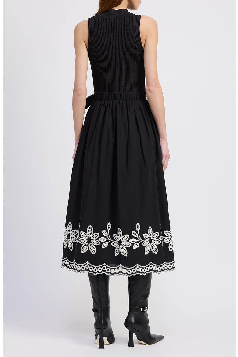 Isidora Embroidery Detail Mixed Media Midi Dress, Alternate, color, BLACK