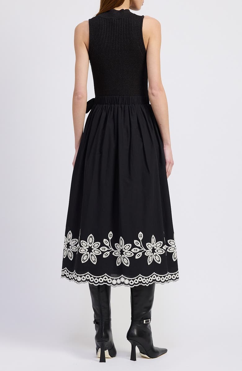 En Saison Isidora Embroidery Detail Mixed Media Midi Dress, Alternate, color, Black