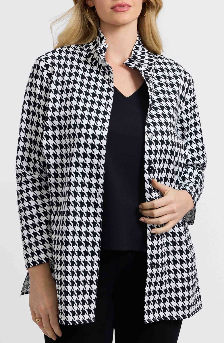 Foxcroft Carolina Houndstooth Cotton Button-Up Shirt, Main, color, Black/ White