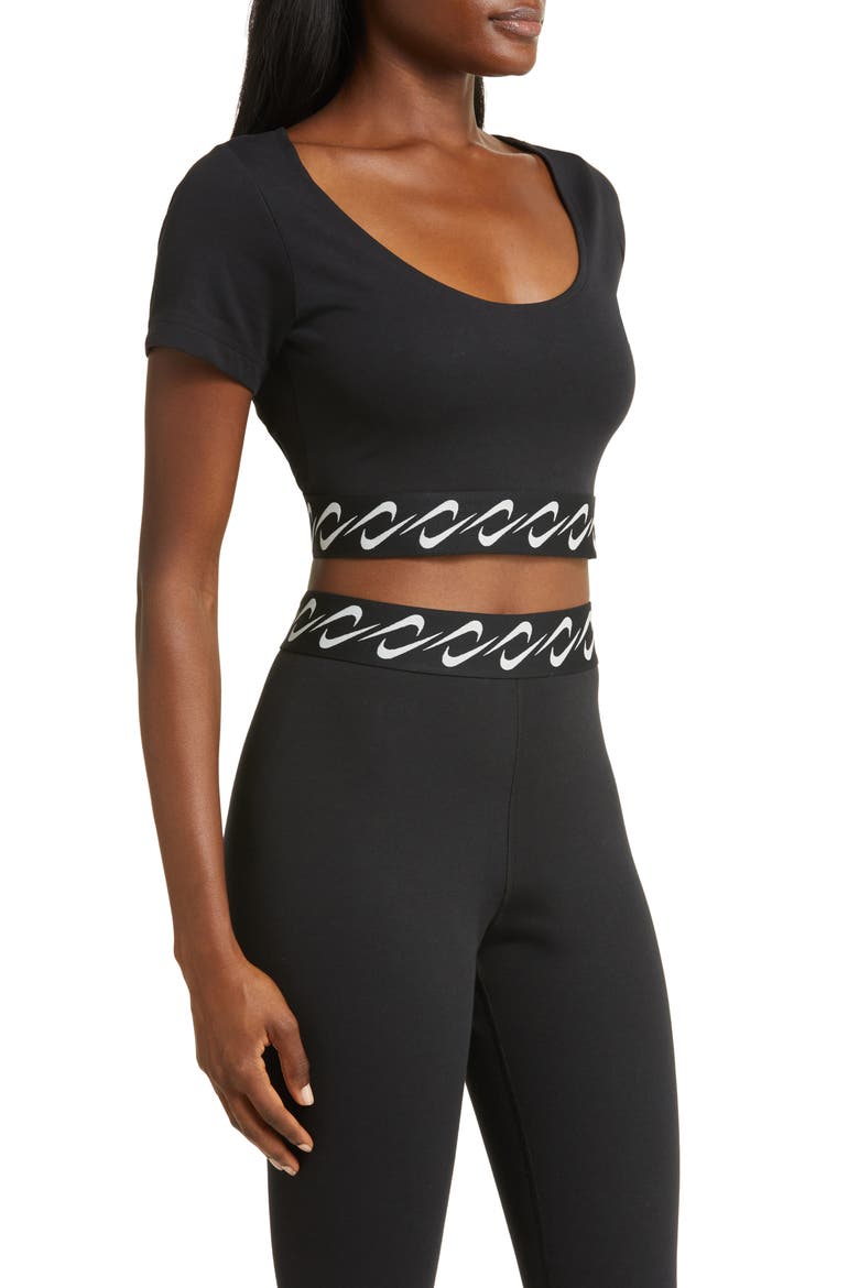 Essentials Swoosh Taping Crop T-Shirt, Alternate, color, BLACK/ SAIL