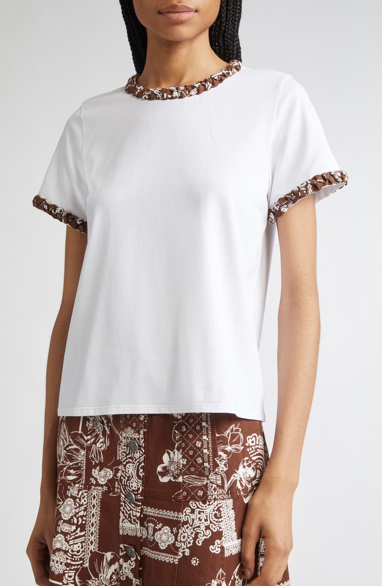 Cinq à Sept Bandana Braided Trim Stretch Cotton T-Shirt, Alternate, color, White/ Dark Sepia