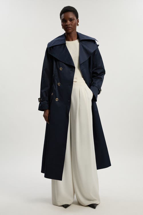 Karen Millen Cotton Sheen Belted Classic Trench Coat In Blue