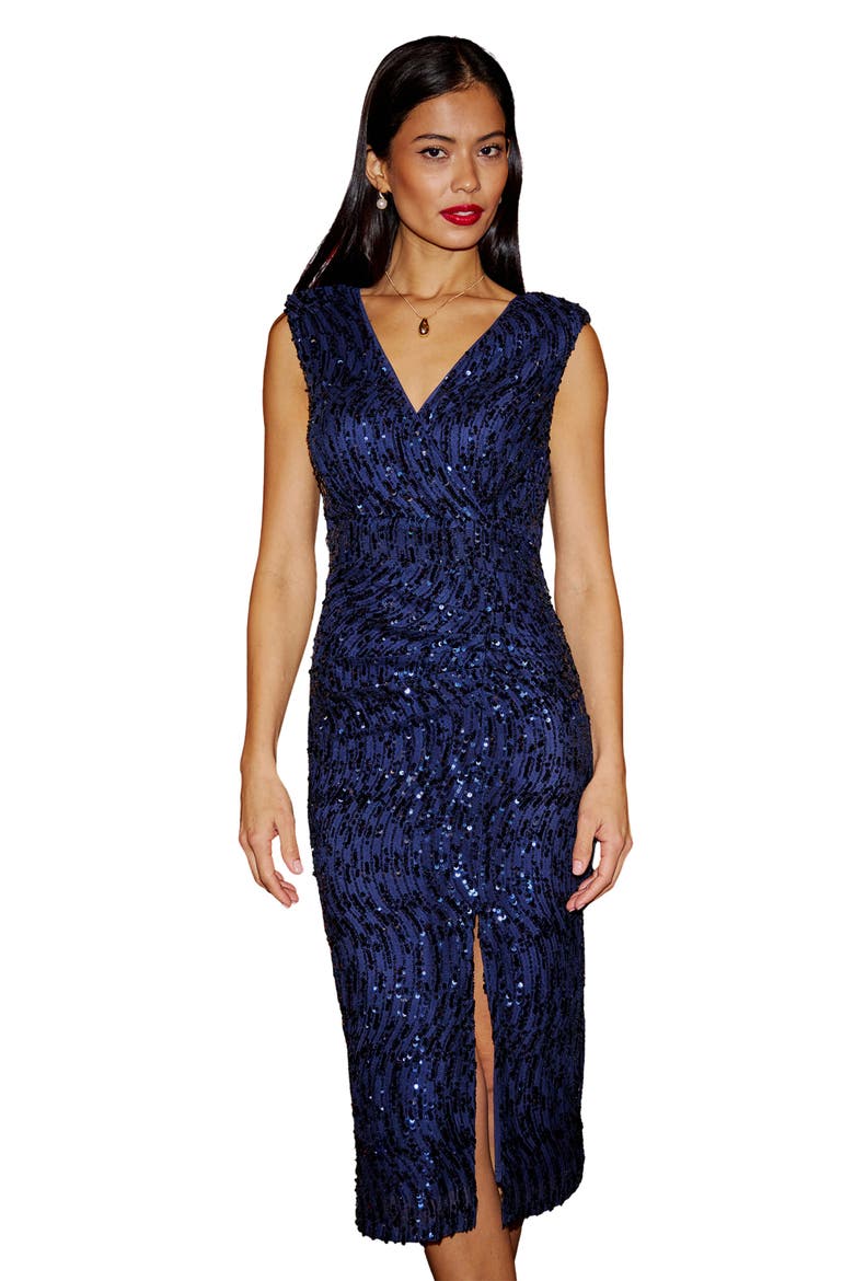 Sequin Split Hem Fitted Wrap Dress, Alternate, color, Navy