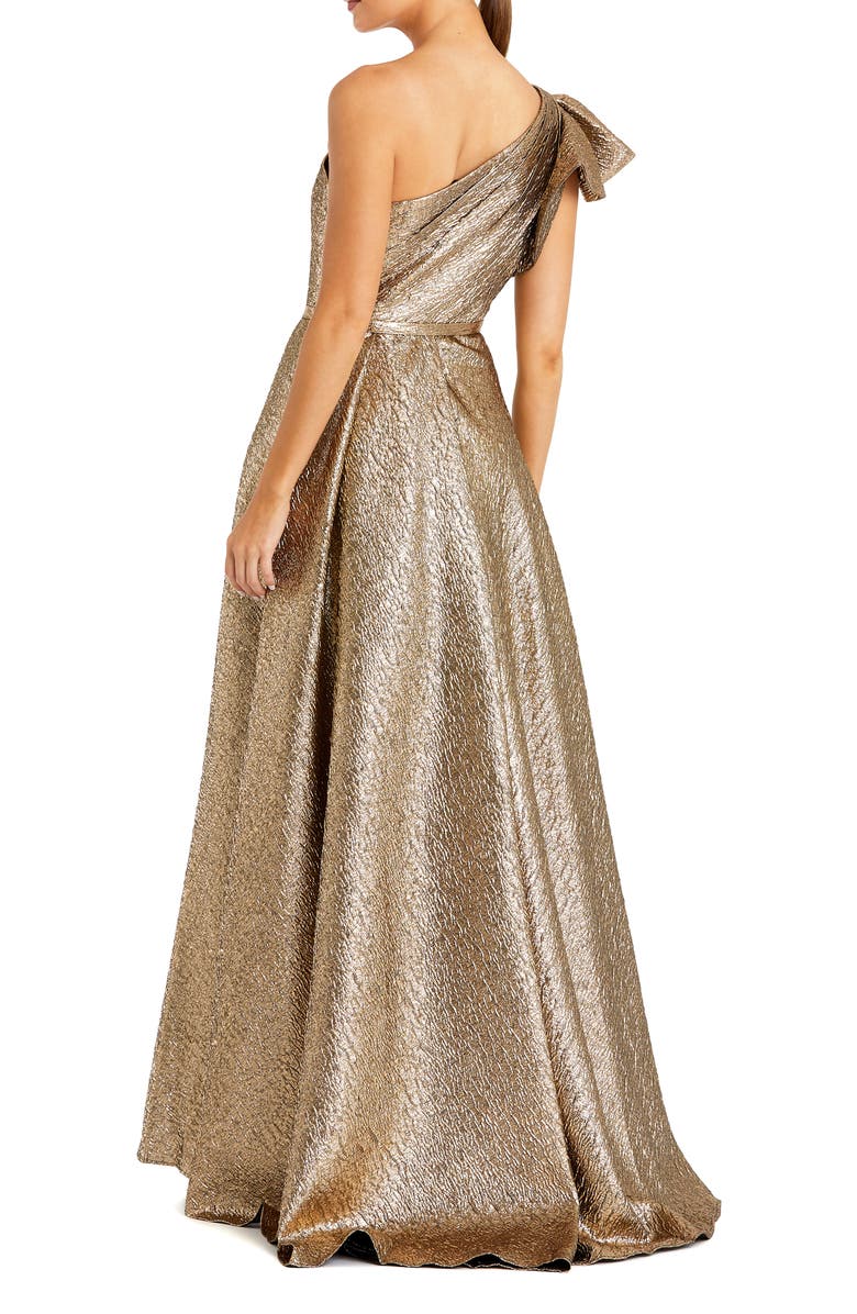 Mac Duggal One Shoulder Bow Detail Metallic Ballgown, Alternate, color, Antique Bronze