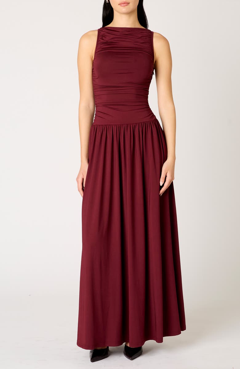 Nia Clea Ruched Sleeveless Drop Waist Maxi Dress, Main, color, Chianti