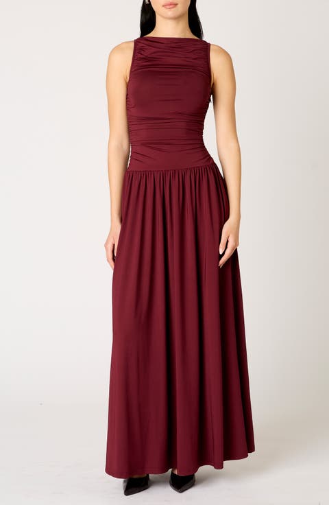 Clea Ruched Sleeveless Drop Waist Maxi Dress