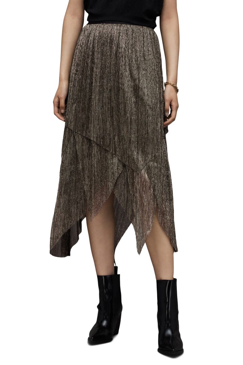 Veena Tiered Metallic Midi Skirt, Main, color, BLACK GOLD